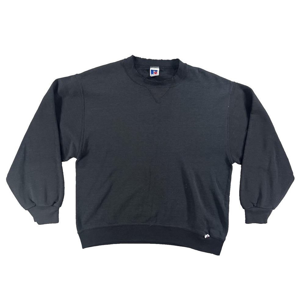 Vintage Russell Athletic Sweatshirt Mens Medium Black Fleece Crew Neck USA Solid